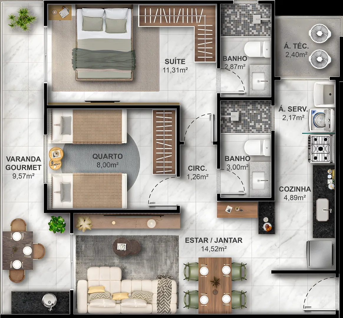Planta Tipo 601 — 46,92 m² · 1 quarto